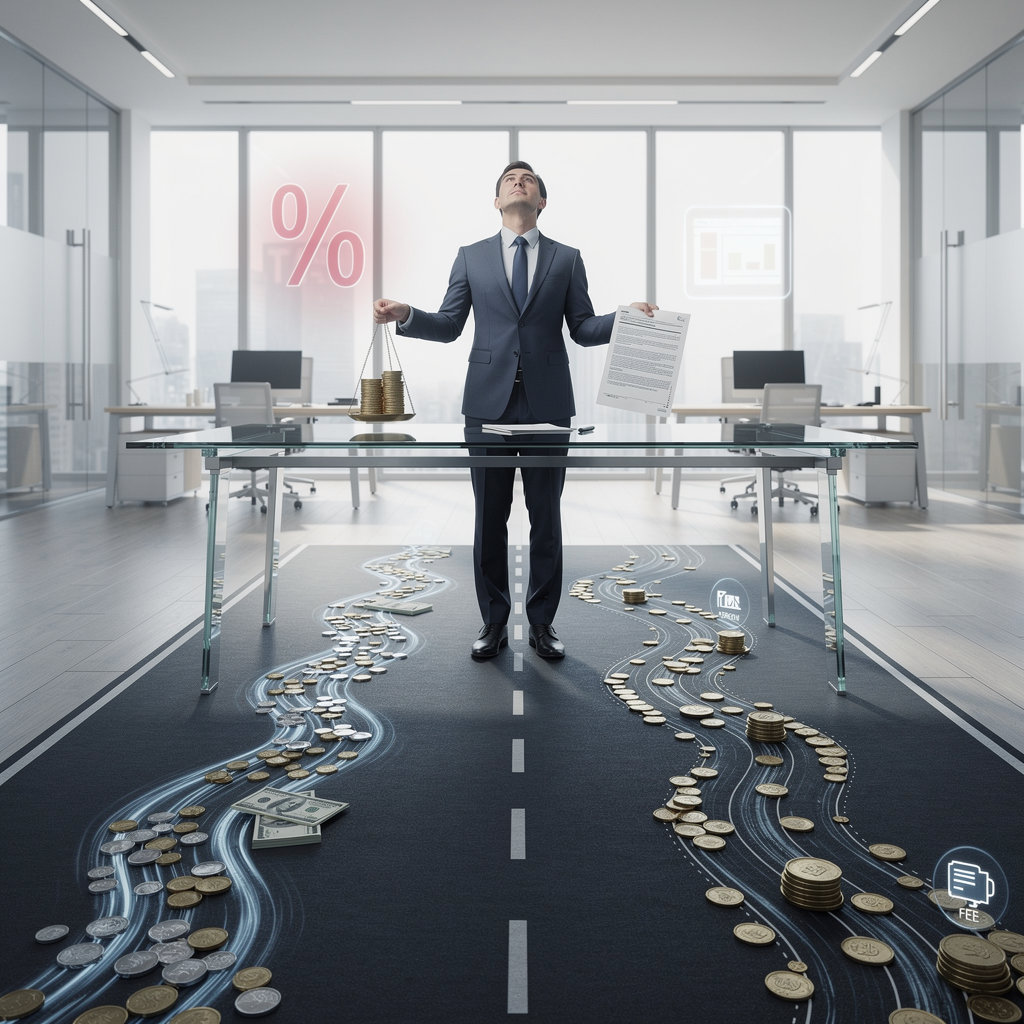 Офисный работник стоит перед двумя разными финансовыми путями, символизирующими процентный и беспроцентный займы, с весами в руке для сравнения.
