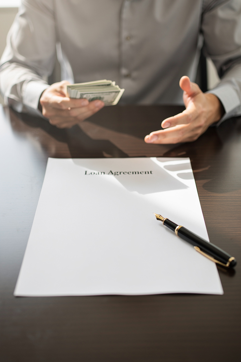 Документ договора займа и ручка на столе в офисе, символизирующие оформление займа с работником.