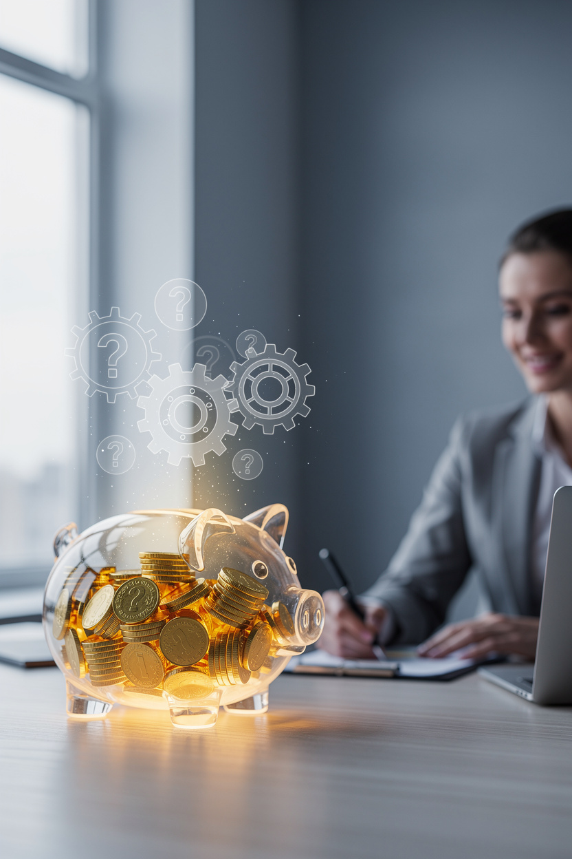 Символическое изображение процесса выдачи займов сотрудникам в офисе с прозрачной копилкой и абстрактными значками вопросов.
