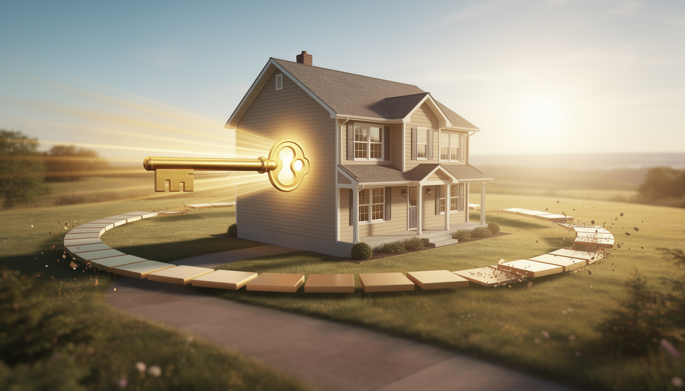 Символическое изображение дома, уменьшающегося в размере из-за золотого ключа, с сокращающейся временной шкалой вокруг, представляющее ускоренное погашение ипотеки.