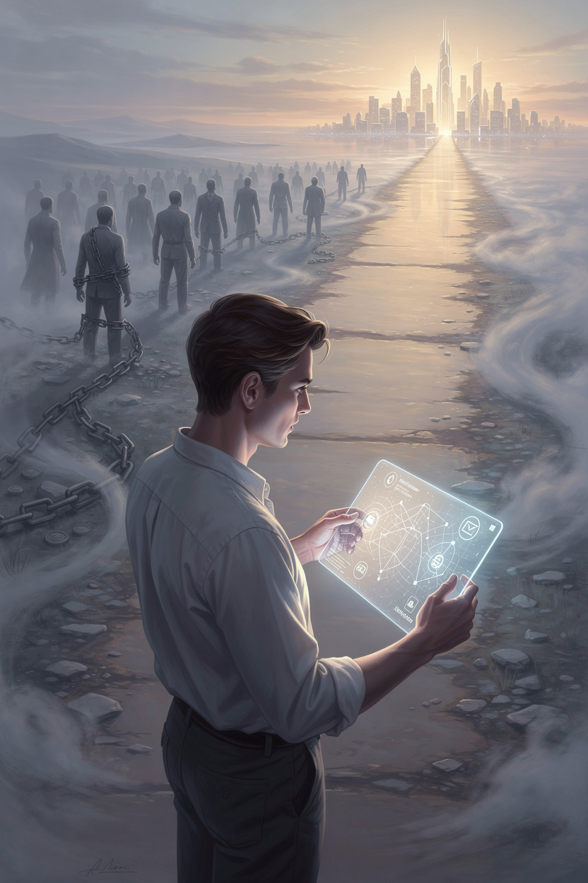 Человек на перепутье с картой, символизирующей выбор между просрочками и стабильностью.