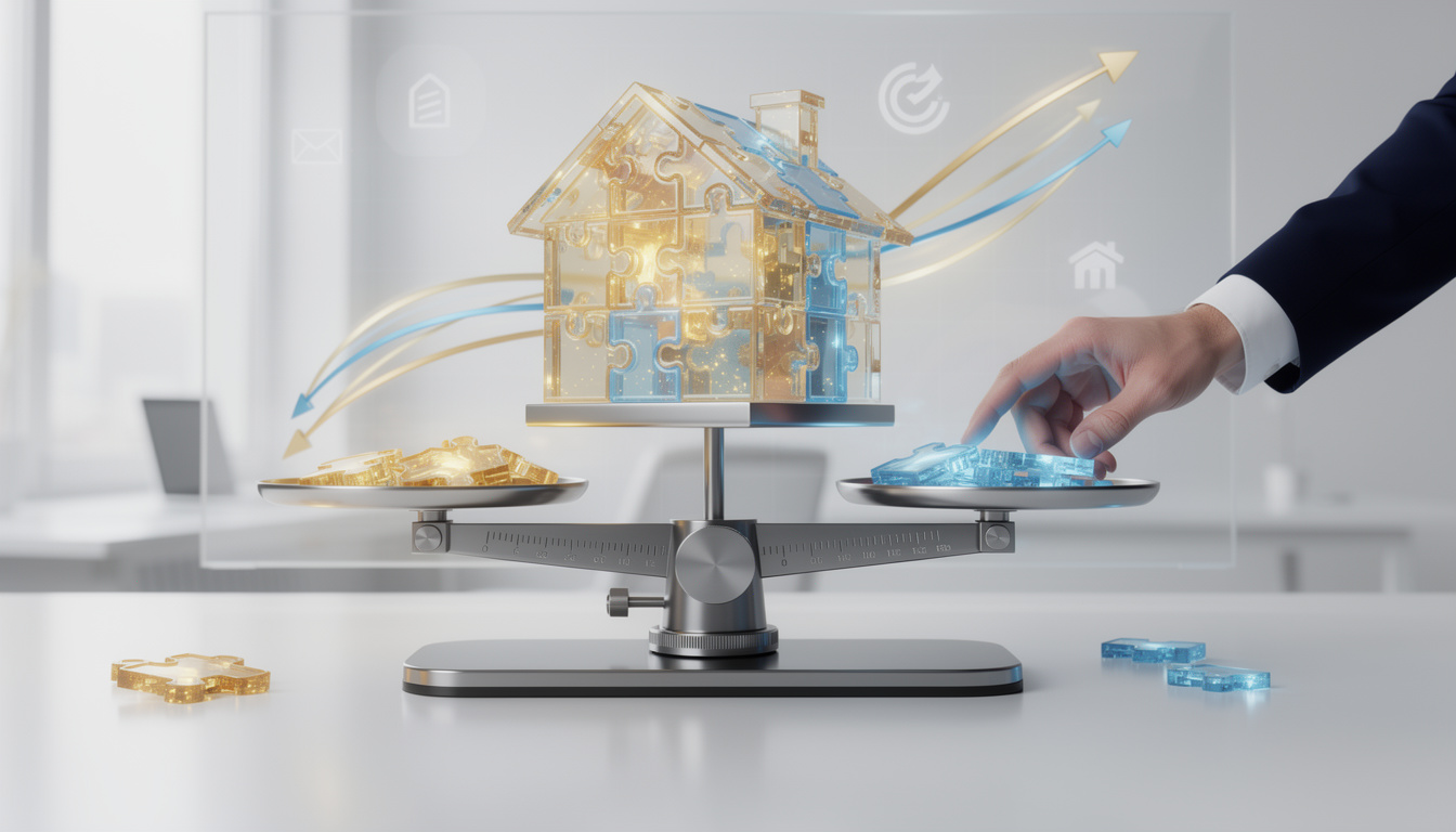 Концептуальное изображение гибкого управления ипотекой: дом-пазл на весах, символизирующий баланс между сокращением срока и снижением платежей.