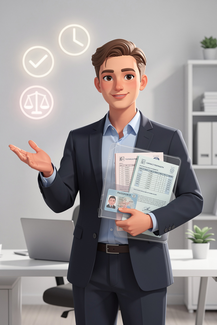 Профессионал в офисе с папкой документов, символизирующий требования к заёмщикам.