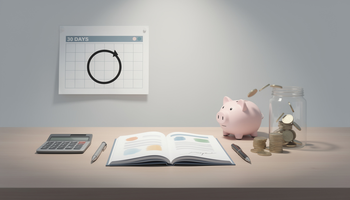 Минималистичная иллюстрация организованного рабочего стола с документами, календарём и символами сбережений, представляющая процесс досрочного погашения кредита.