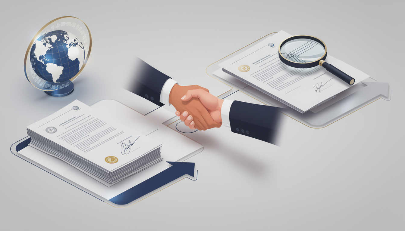 Символическое изображение процесса оформления кредита для нерезидентов с элементами глобуса, документов и рукопожатия
