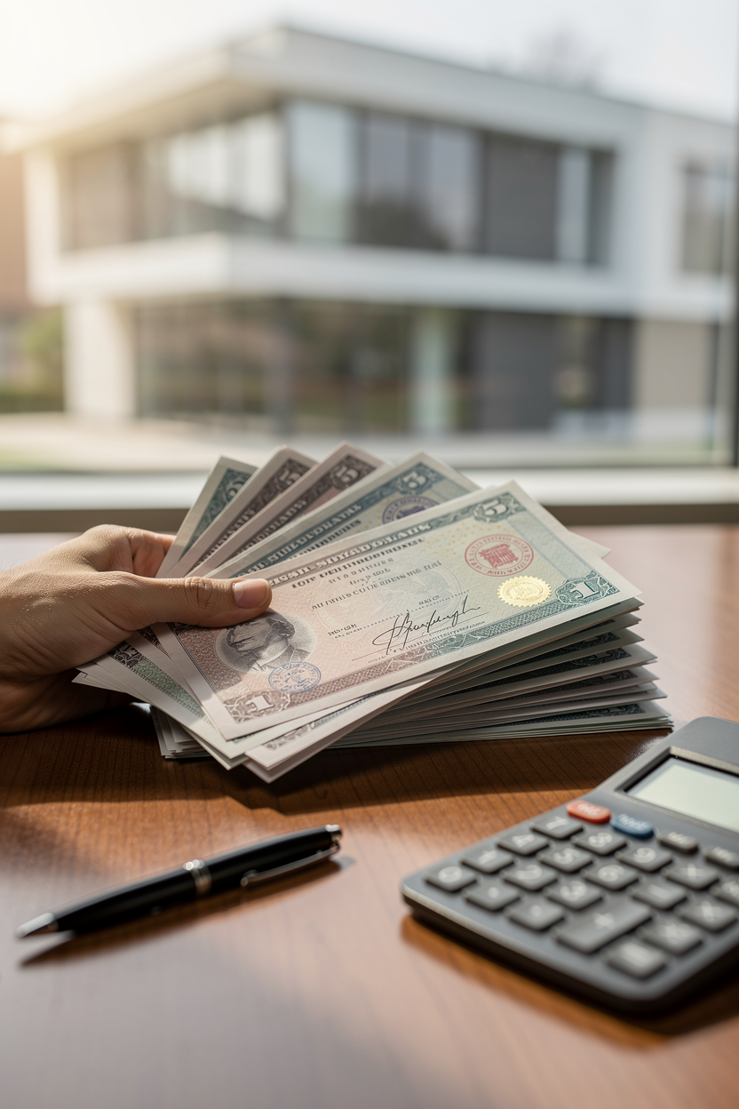 Рука с документами для рефинансирования на столе в деловой обстановке.