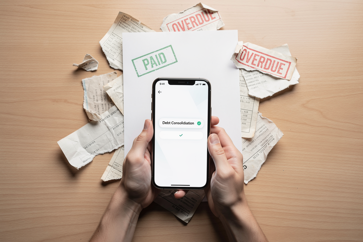 Руки держат телефон с уведомлением об одобрении займа, на столе старые счета закрываются новым документом с отметкой 'оплачено'.