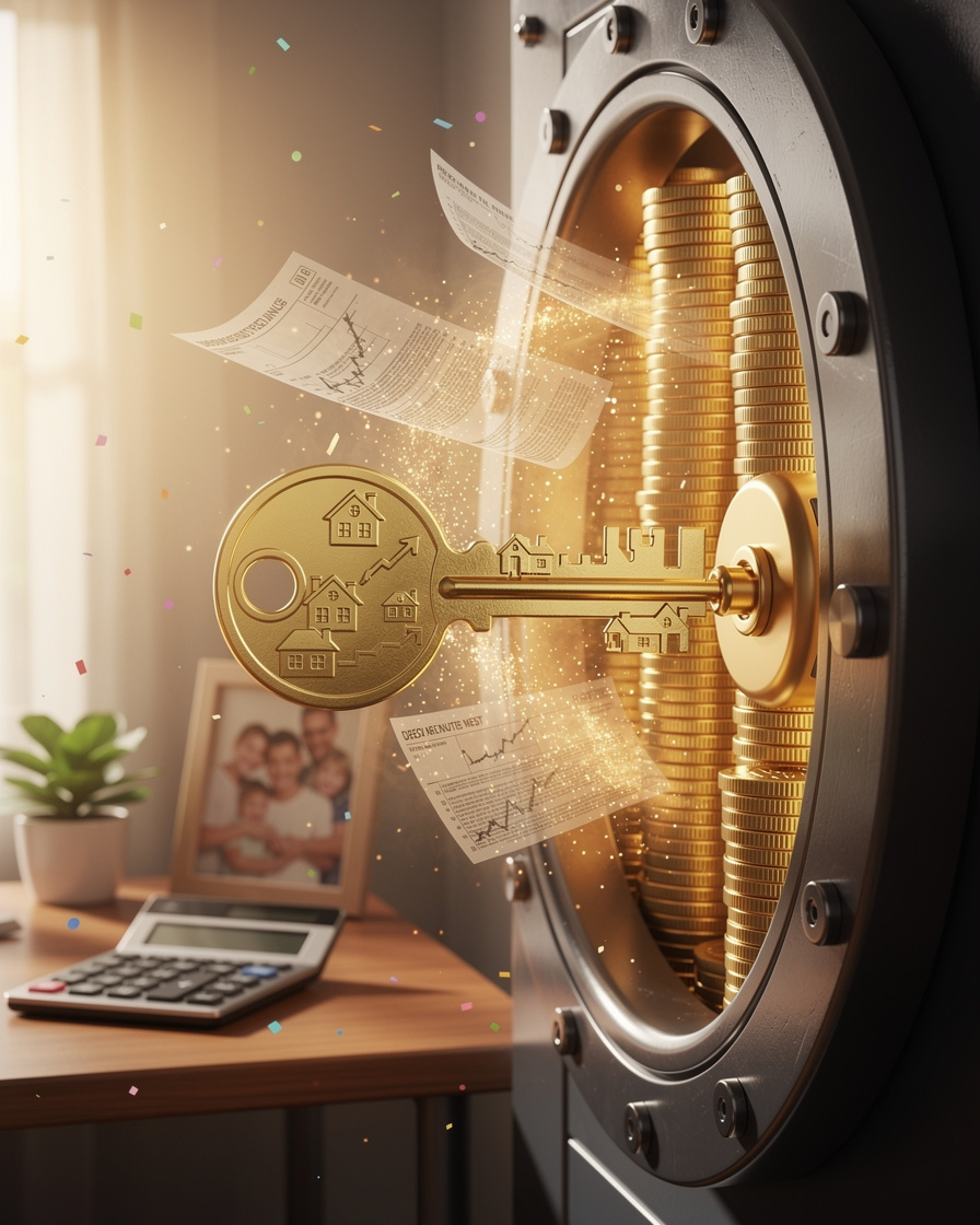 Золотой ключ открывает замок в форме банковского сейфа, символизируя досрочное погашение ипотеки и финансовую свободу.