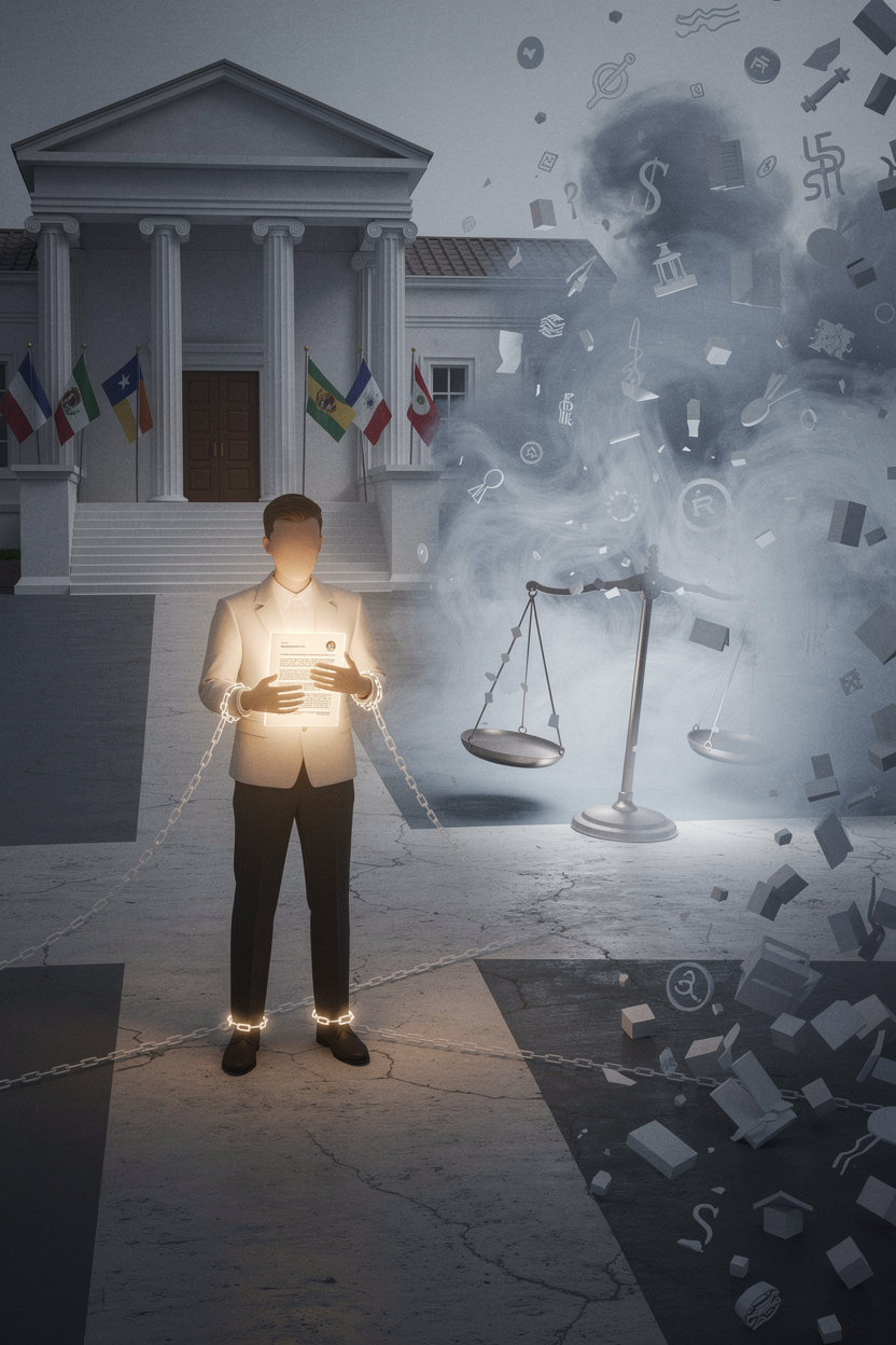 Символическое изображение человека на перепутье с документом кредита, балансирующего между двумя правовыми системами при смене гражданства.