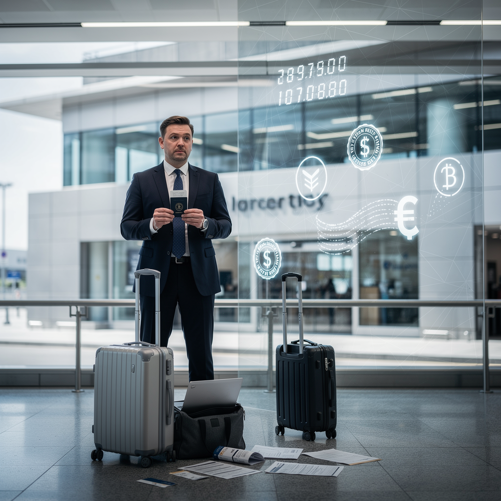 Бизнесмен на границе с паспортом нерезидента, отделённый от банка символическим барьером, что иллюстрирует ограничения в кредитовании.