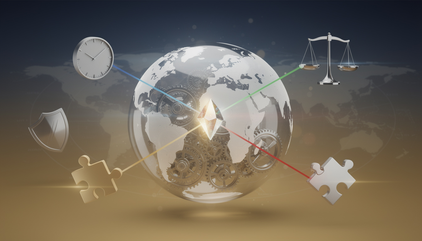 Стилизованное изображение глобуса с внутренними механизмами и световыми лучами, символизирующее международное кредитование с иконками условий и особенностей.