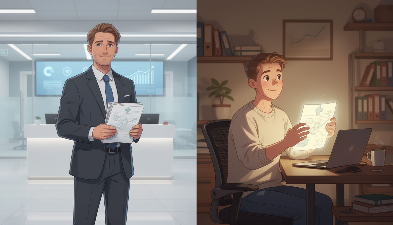 Контрастное изображение, показывающее разницу между стандартным кредитом в банке и займом для безработных в домашней обстановке.