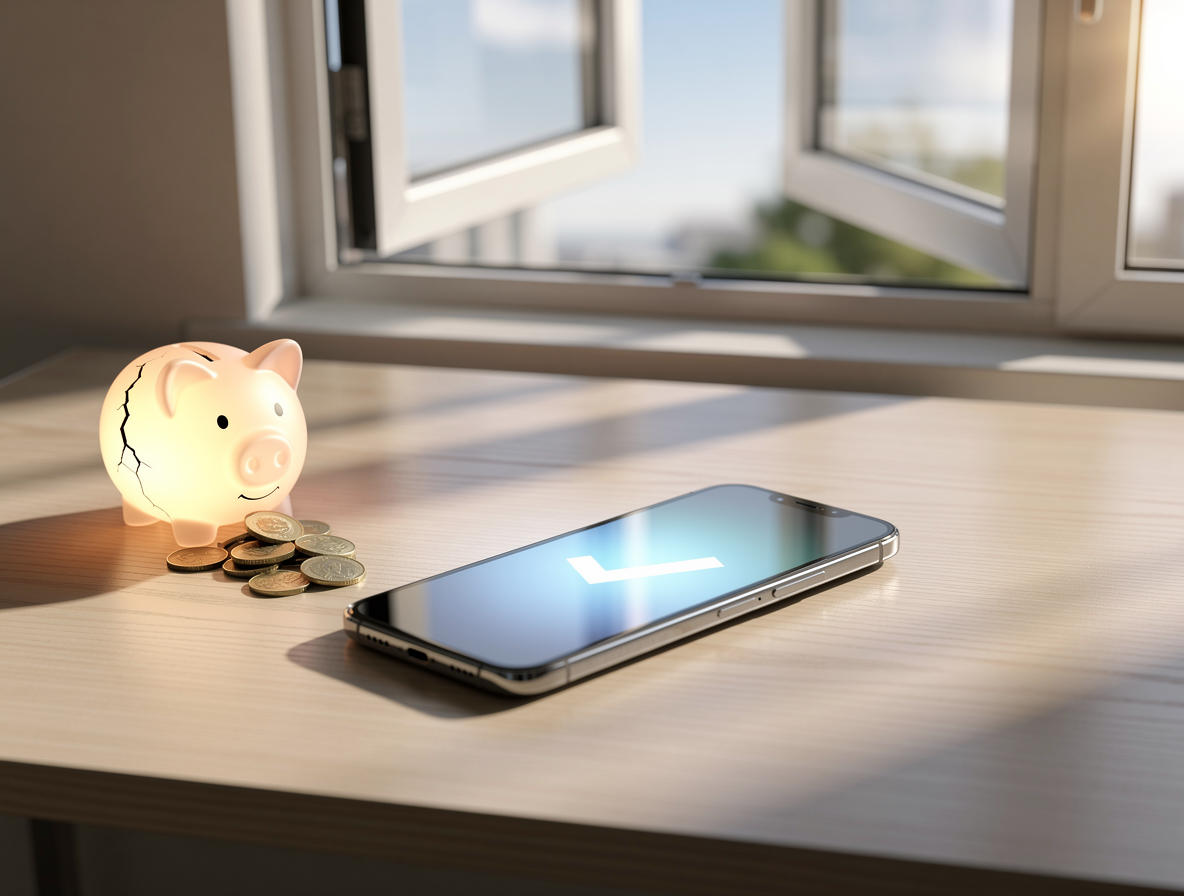Смартфон с иконкой одобрения на столе рядом с треснувшей копилкой, символизируя доступность и риски микрозаймов.