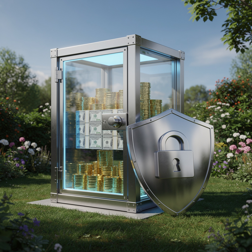 Защищённый прозрачный сейф с деньгами в саду, символизирующий сохранность зарплаты от взысканий.