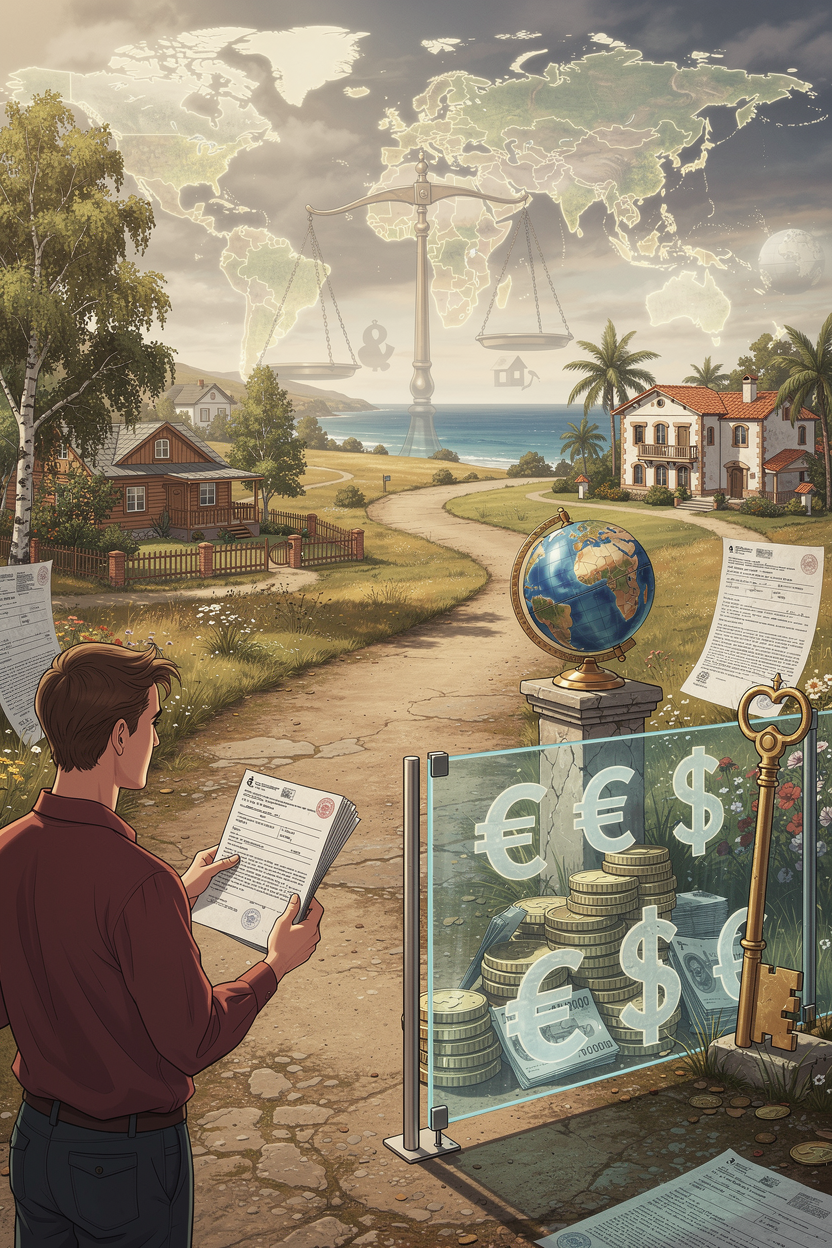 Иллюстрация, символизирующая выбор между ипотекой в России и за границей, с изображением дома у моря и барьеров, отражающих возможности и ограничения.