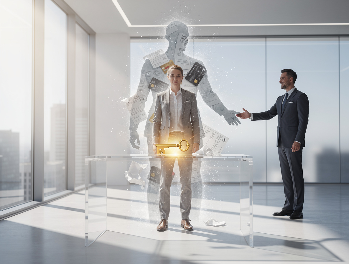 Человек в банке с тёмным финансовым прошлым получает шанс на кредит с поддержкой банкира.