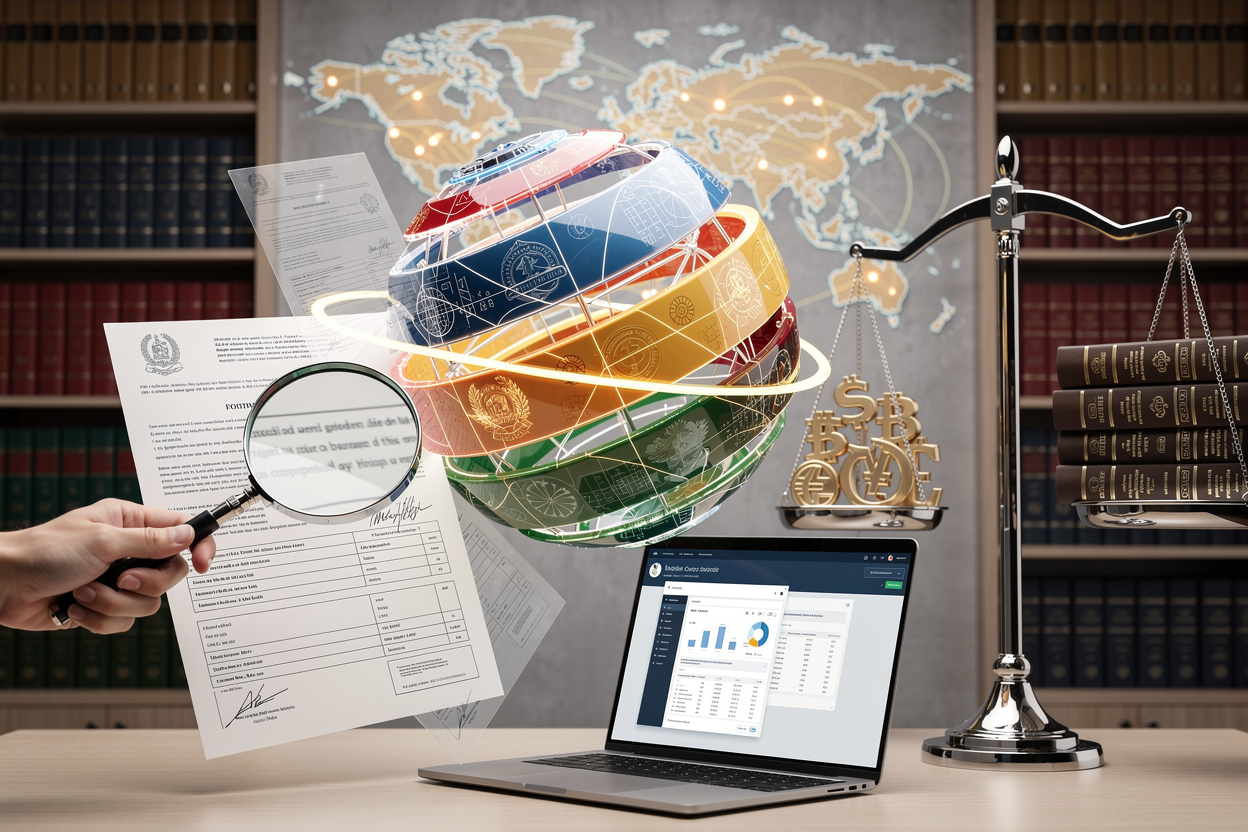 Концептуальное изображение международных кредитных сделок как пересечения правовых систем разных стран, с глобусом из юридических слоёв, документами и символами международного права.