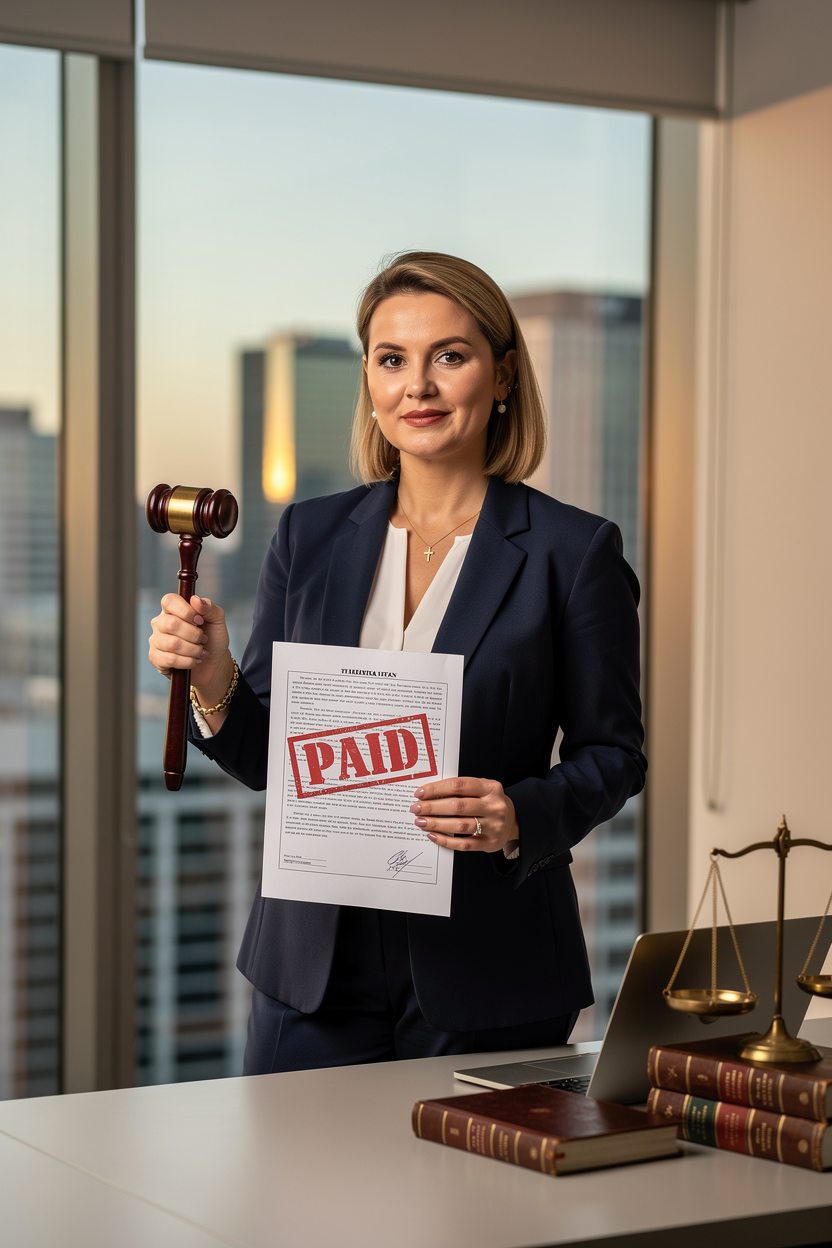 Женщина-юрист в офисе с документом о взыскании долга
