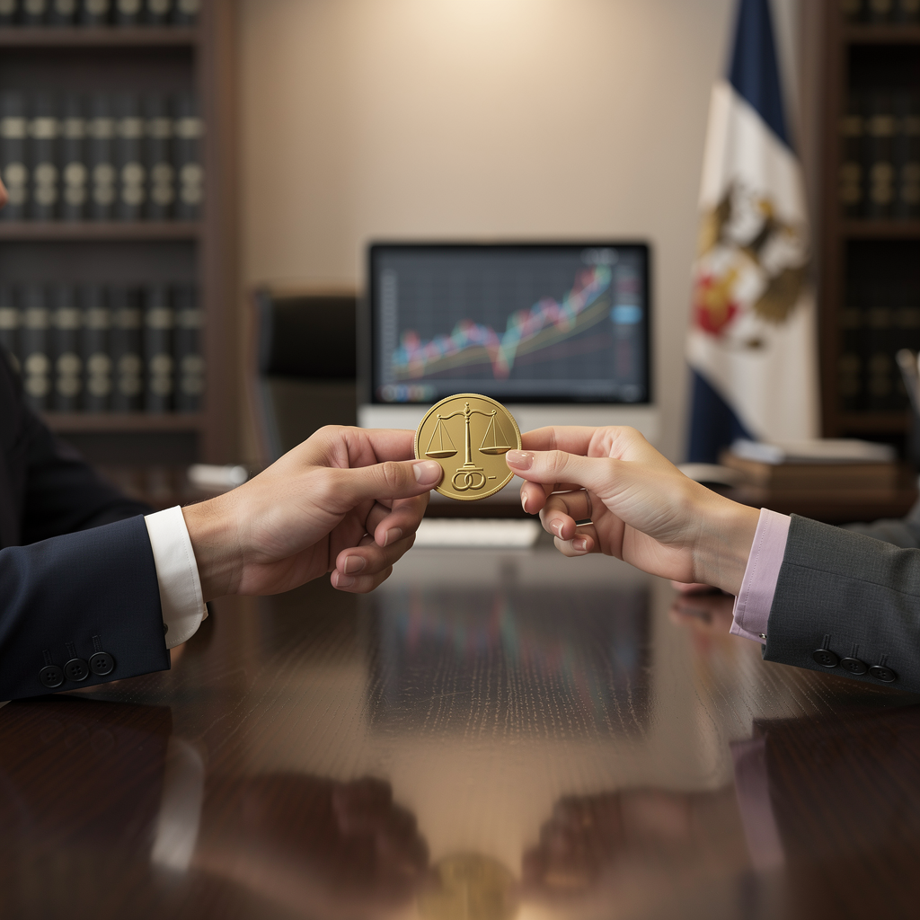 Руки в деловых костюмах обмениваются монетой с символами закона и партнёрства на фоне офисного интерьера.