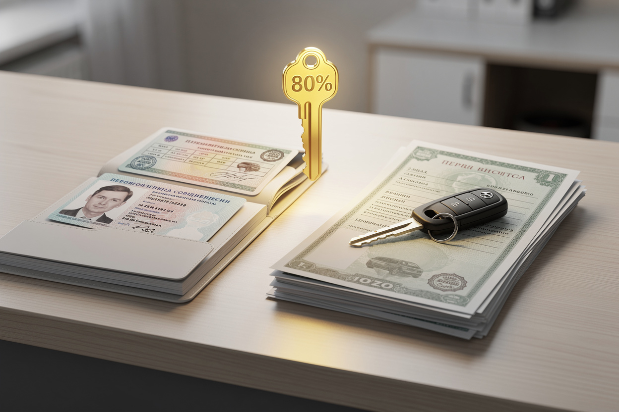 Символичное изображение процесса оформления займа при покупке у физического лица, с аккуратно сложенными документами покупателя и продавца на столе, символизирующими успешное получение кредита.