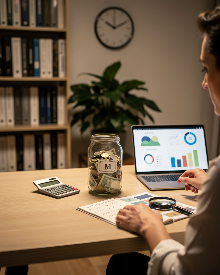 Человек в организованном домашнем офисе управляет микрозаймами, анализируя финансовые документы на чистом столе.