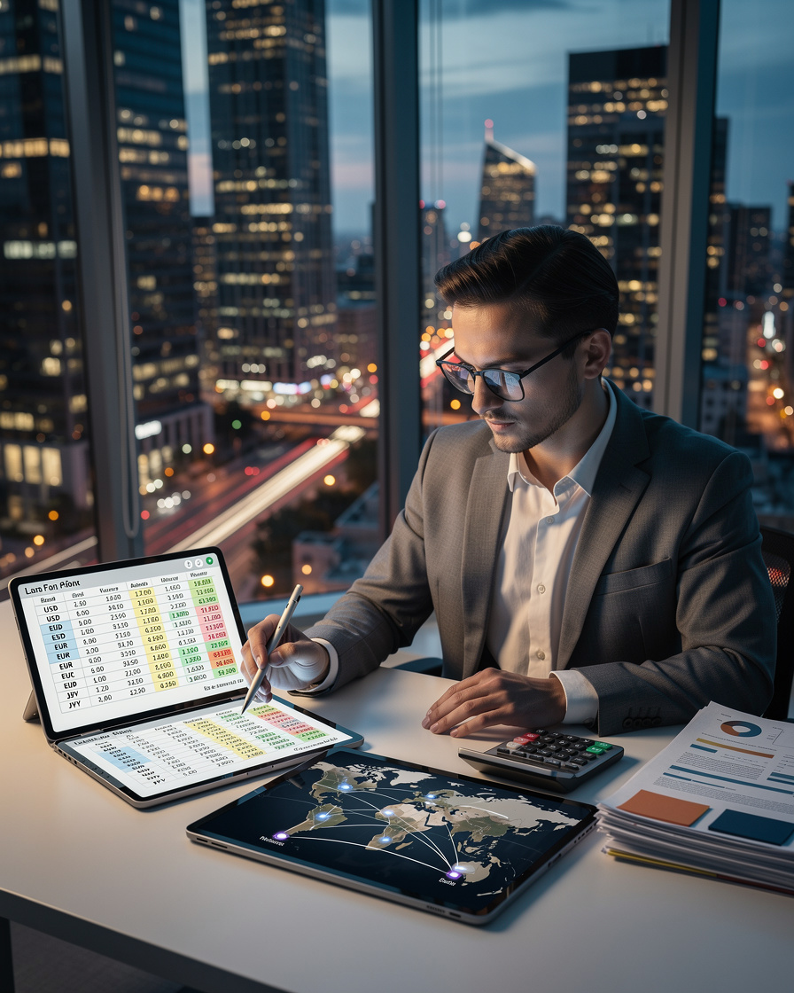 Бухгалтер анализирует международные займы в современном офисе с глобальной картой и финансовыми данными.