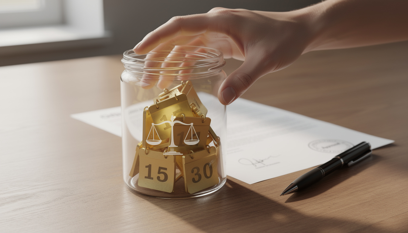 Символическое изображение рассрочки оплаты штрафа: прозрачная банка с золотыми календарными страницами на столе, документ на заднем плане.