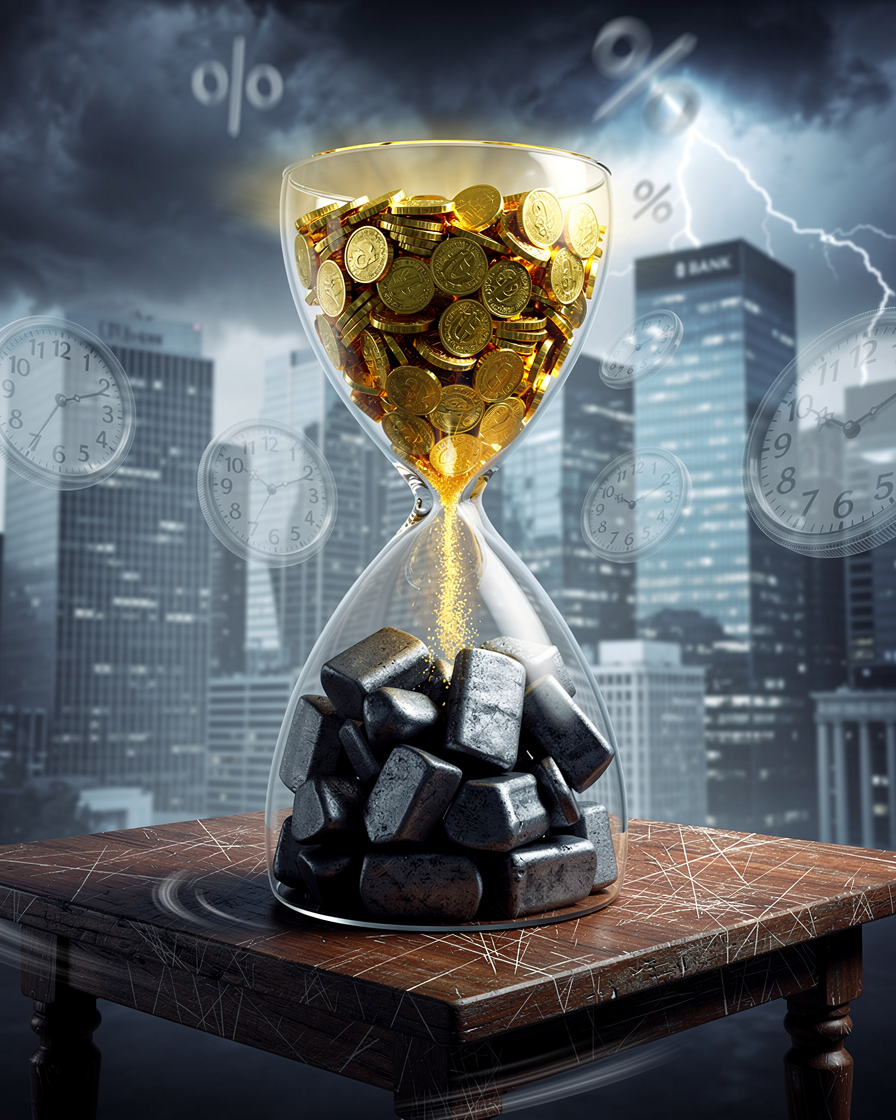 Концептуальное изображение финансового давления: песочные часы с монетами, превращающимися в грузы, на наклонном столе на фоне города с грозовыми тучами.