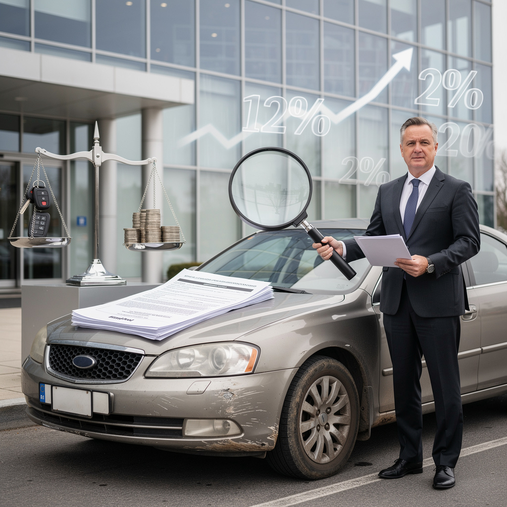 Иллюстрация процесса кредитования подержанного автомобиля с символами процентных ставок и финансового анализа.