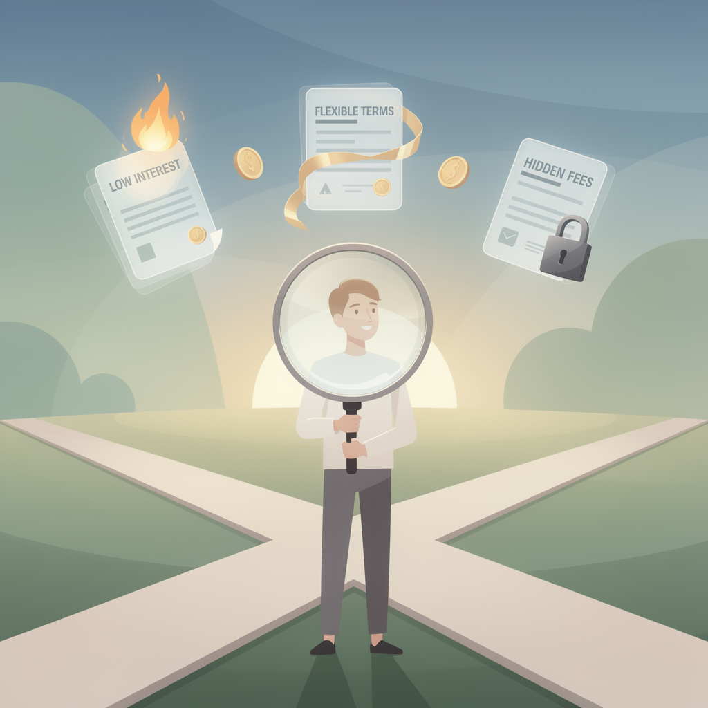 Человек с лупой изучает варианты займов на перекрёстке, символизирующем выбор оптимального способа погашения долга.