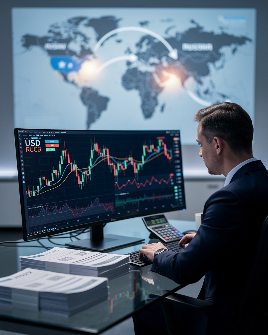 Финансовый аналитик в офисе анализирует графики курсов валют и документы по траншам иностранного займа.