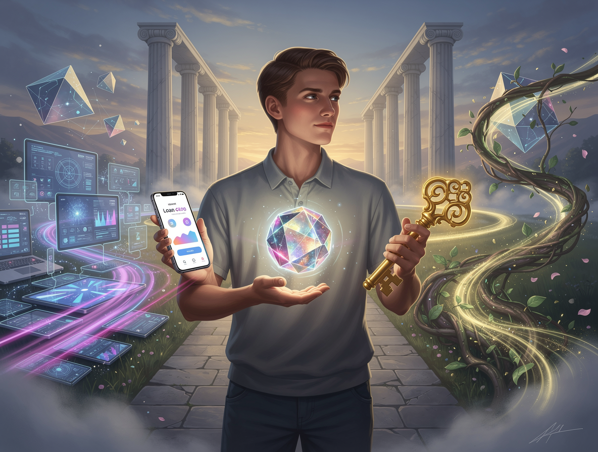 Иллюстрация человека на перекрёстке, держащего символы МФО, банков и альтернативных источников в фантастическом пейзаже.