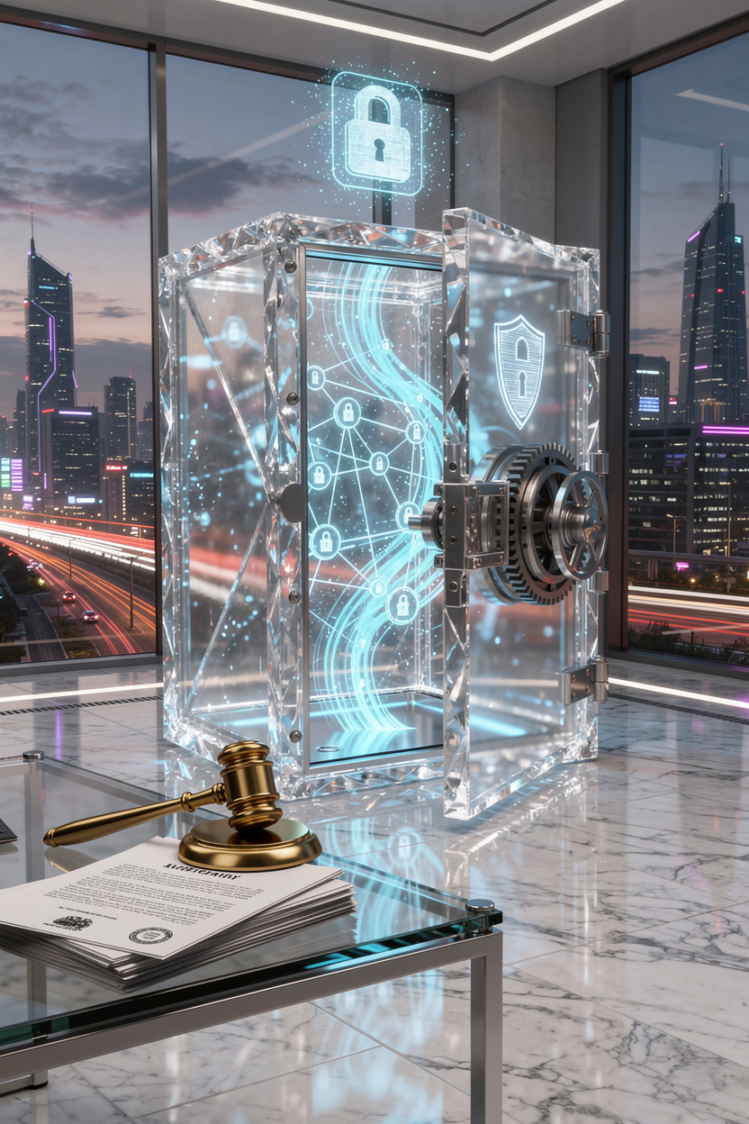 Иллюстрация, символизирующая безопасность и юридические аспекты финансовых операций: прозрачный сейф с цифровой блокчейн-сетью, золотой молоток на юридических документах и голографический замок в современном офисе.
