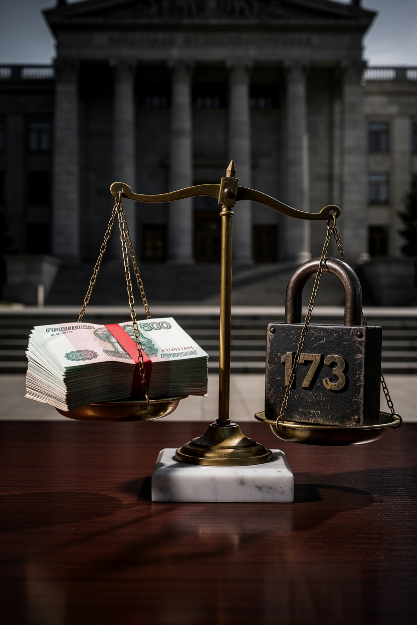 Весы правосудия с рублями и замком, символизирующие ответственность за нарушение валютного законодательства