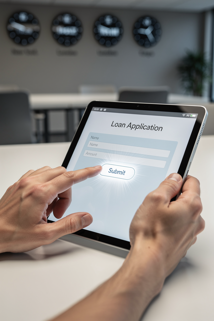 Руки человека заполняют заявку на займ на планшете, символизируя быстрый и цифровой процесс оформления.