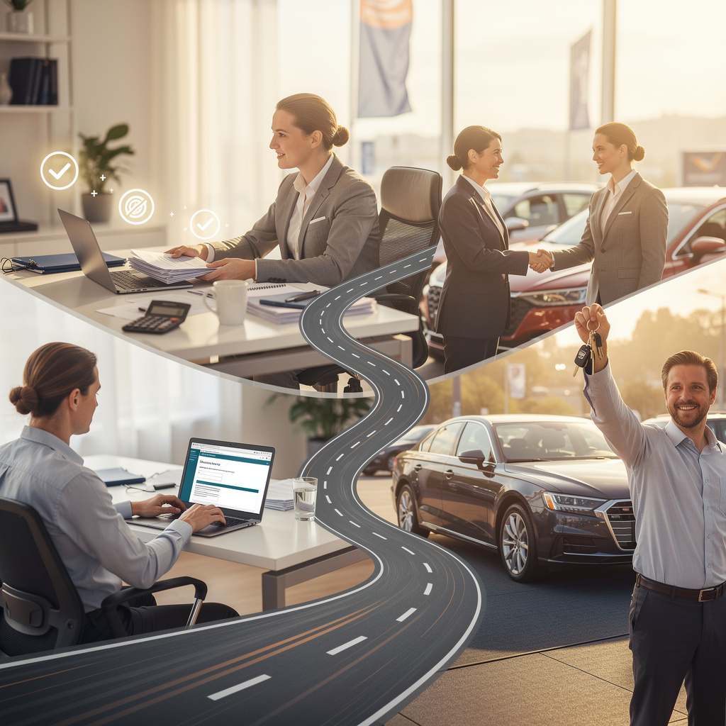 Иллюстрация процесса оформления автокредита: от онлайн-заявки до получения ключей от нового автомобиля.