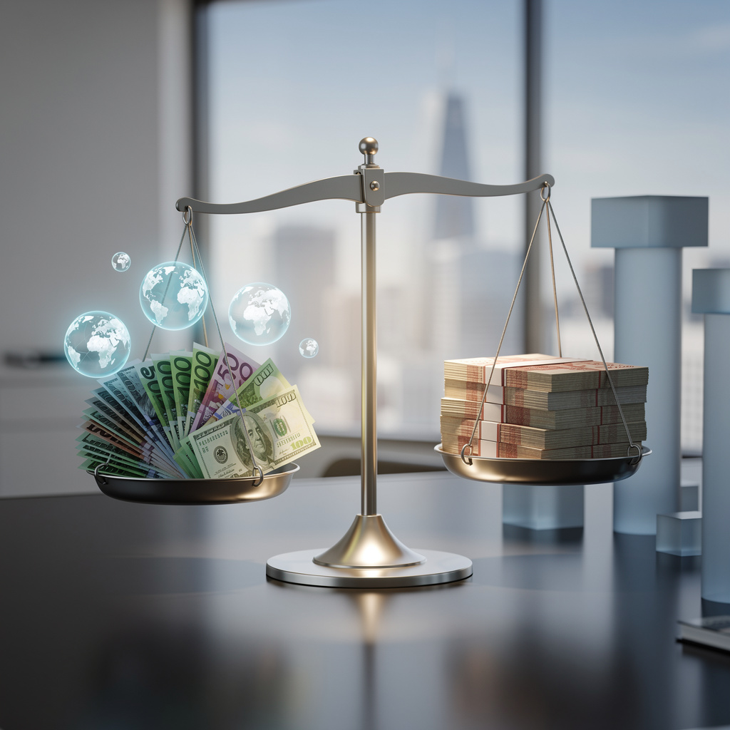 Весы с иностранными и российскими рублями, символизирующие сравнение валютного и рублевого займов в деловой обстановке.