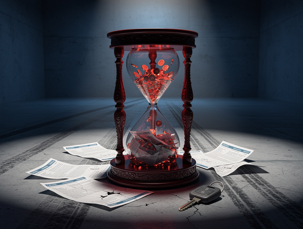 Символическая иллюстрация: песочные часы с красными монетами и документами в мрачной комнате, отражающая влияние штрафов на кредитную историю и страховку.