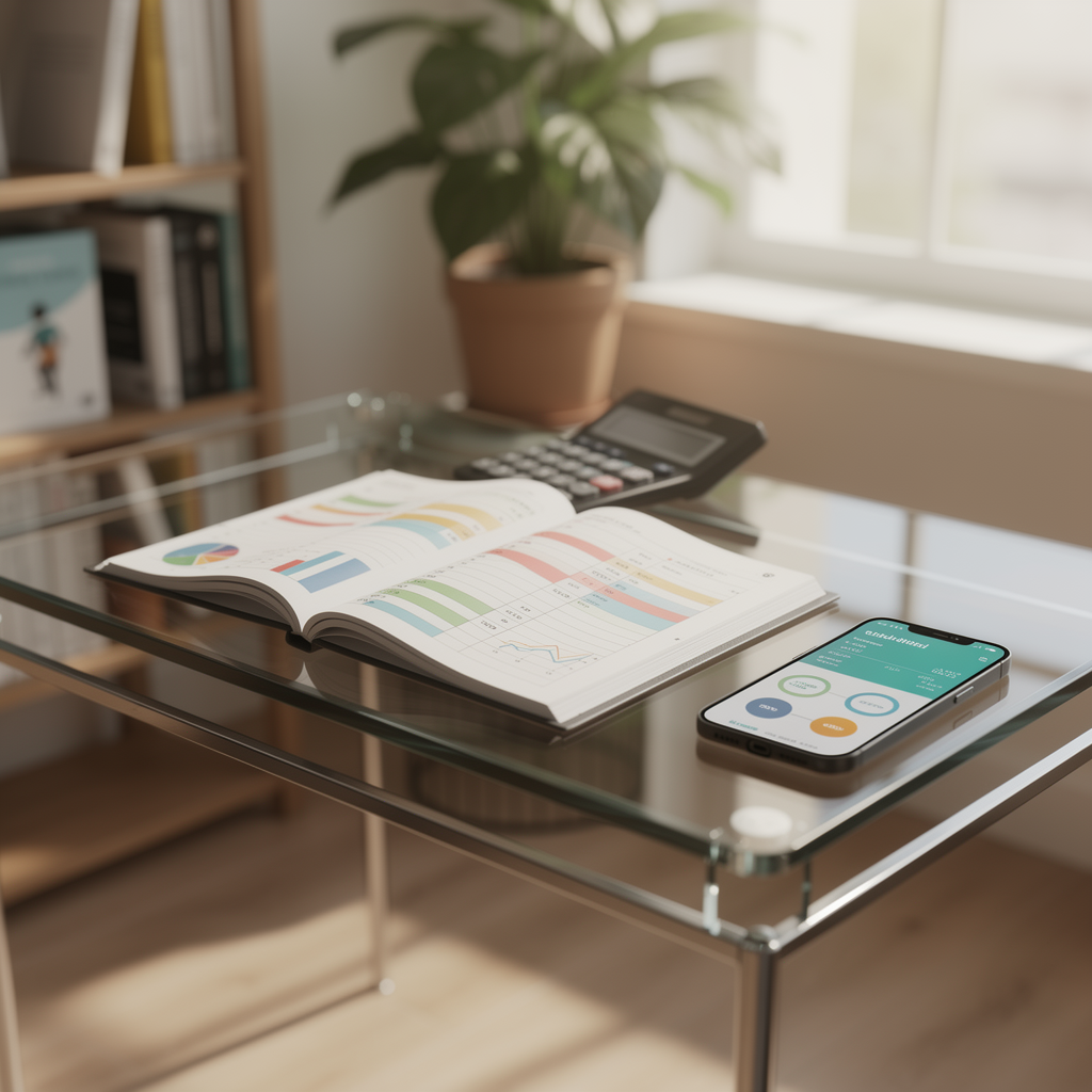 Организованный домашний офис с финансовым планированием на столе, символизирующий управление кредитами и дисциплину.