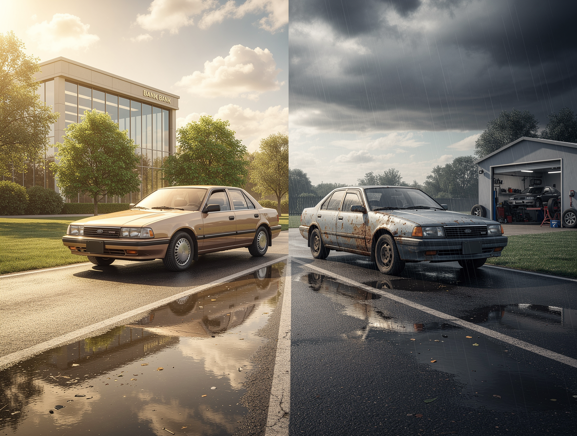 Классический автомобиль на раздвоенной дороге под контрастным небом, символизирующий плюсы и минусы кредита на машину с пробегом.