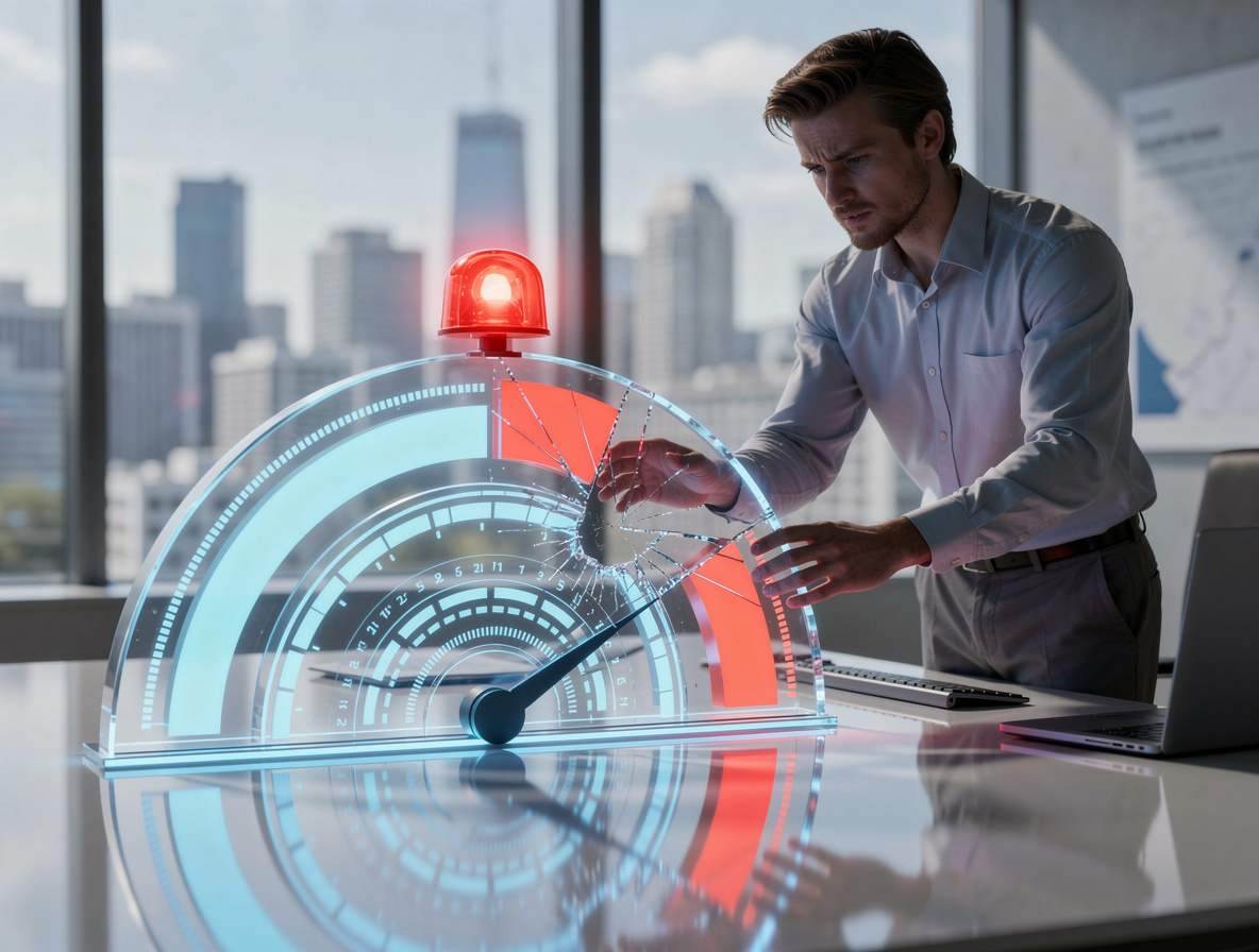 Человек касается повреждённого раздела кредитного рейтинга на прозрачном счётчике в современном офисе, символизируя влияние штрафов на финансовое здоровье.