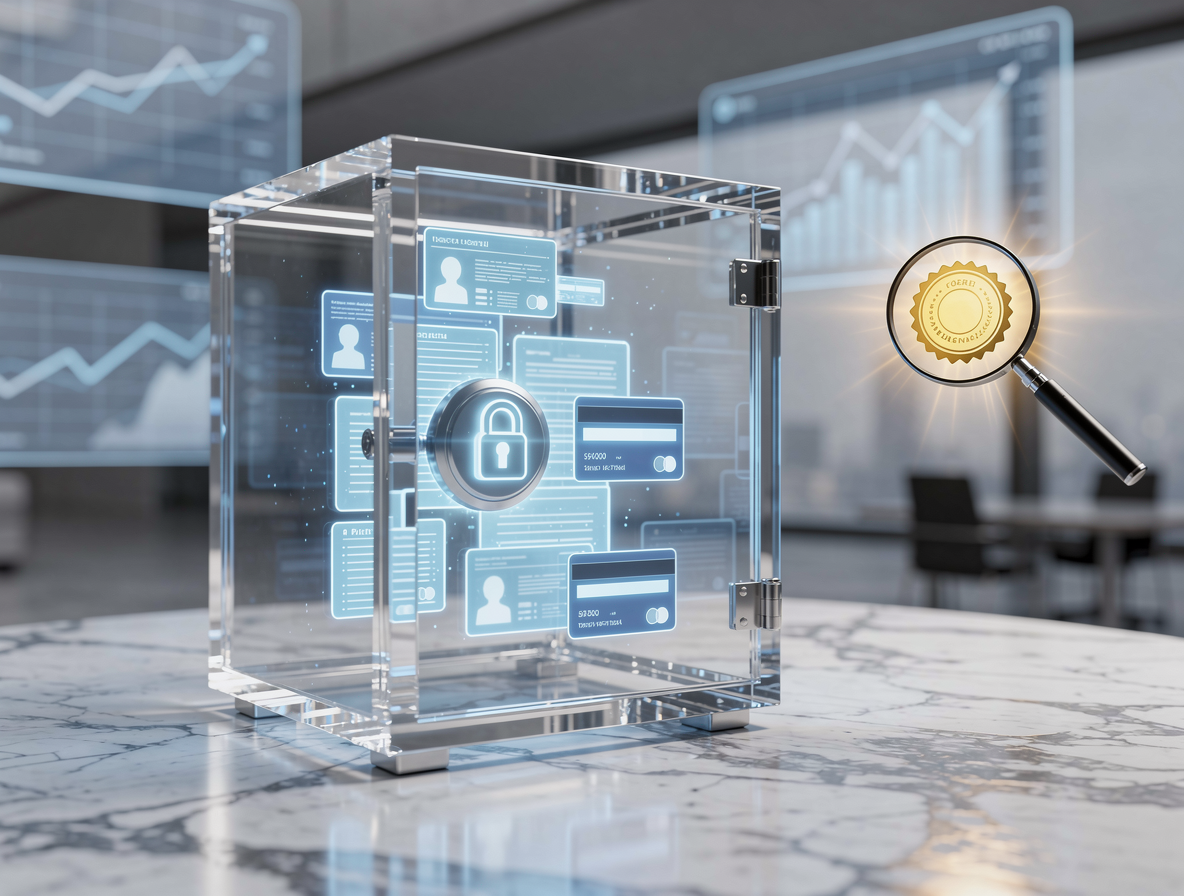 Прозрачный сейф с цифровыми данными внутри, символизирующий защиту конфиденциальности в МФО, в современном офисе.