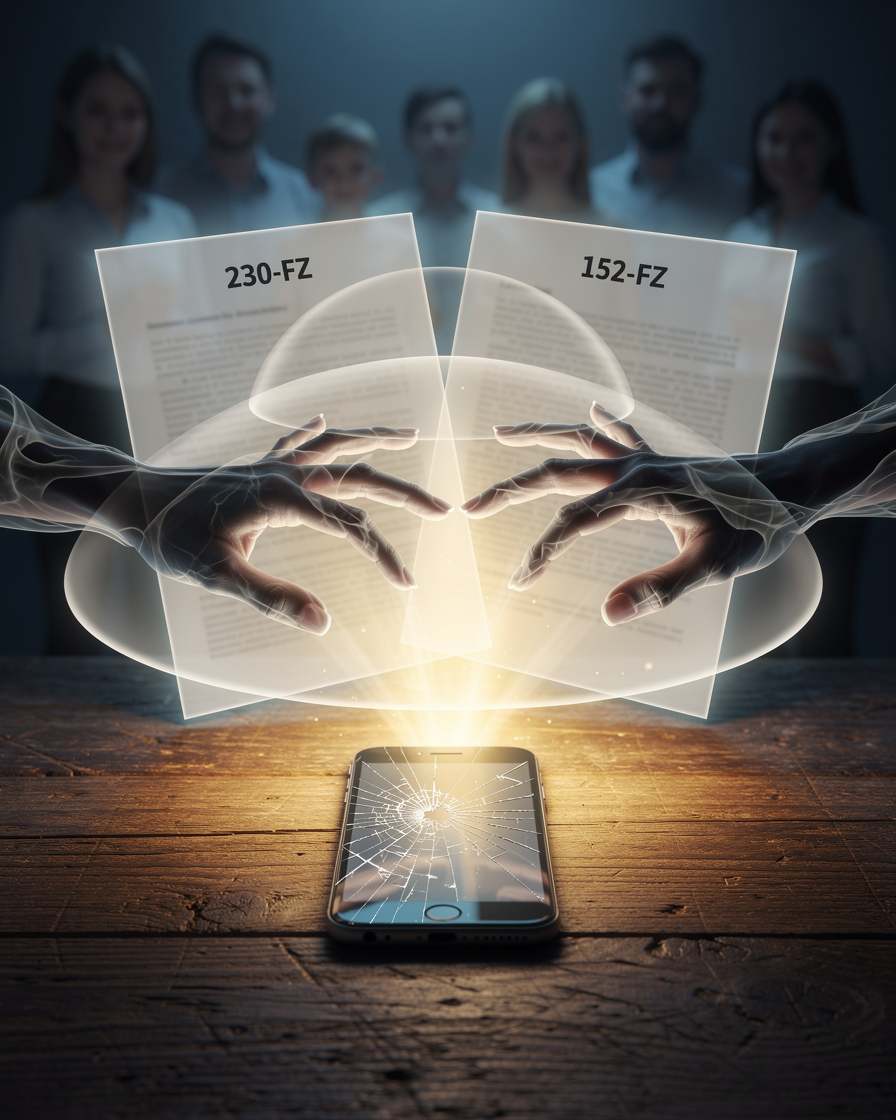 Смартфон с треснувшим экраном на столе, от которого отталкиваются тенистые руки защитными барьерами от двух светящихся документов, символизирующих законы о защите прав и персональных данных.