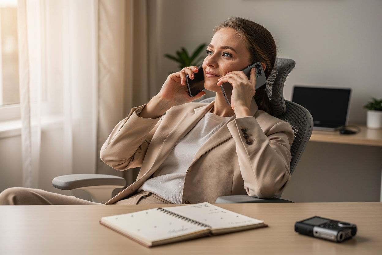 Человек ведёт спокойный разговор с коллектором по телефону в домашнем офисе, демонстрируя уверенность и подготовку.