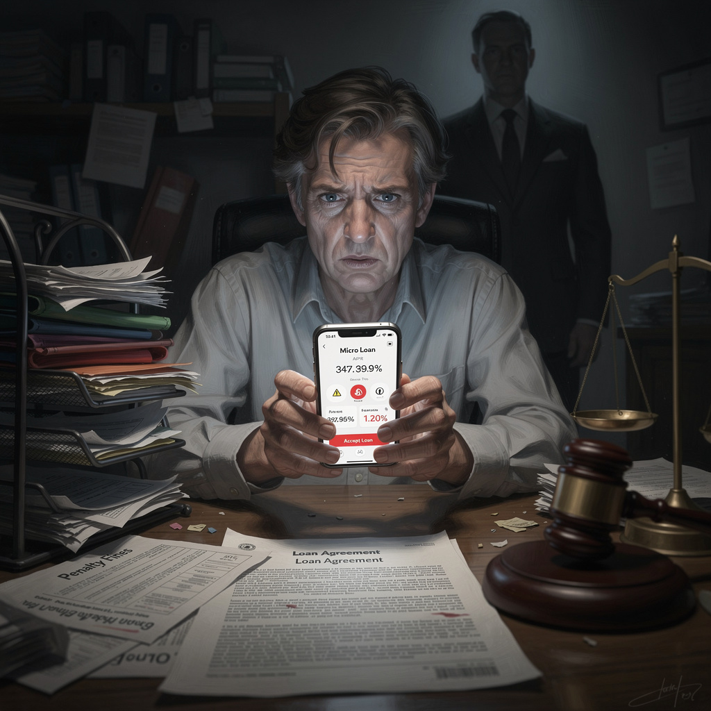 Человек в стрессовой ситуации рассматривает микрозайм на штрафы в офисе с символами долга и судебной практики.