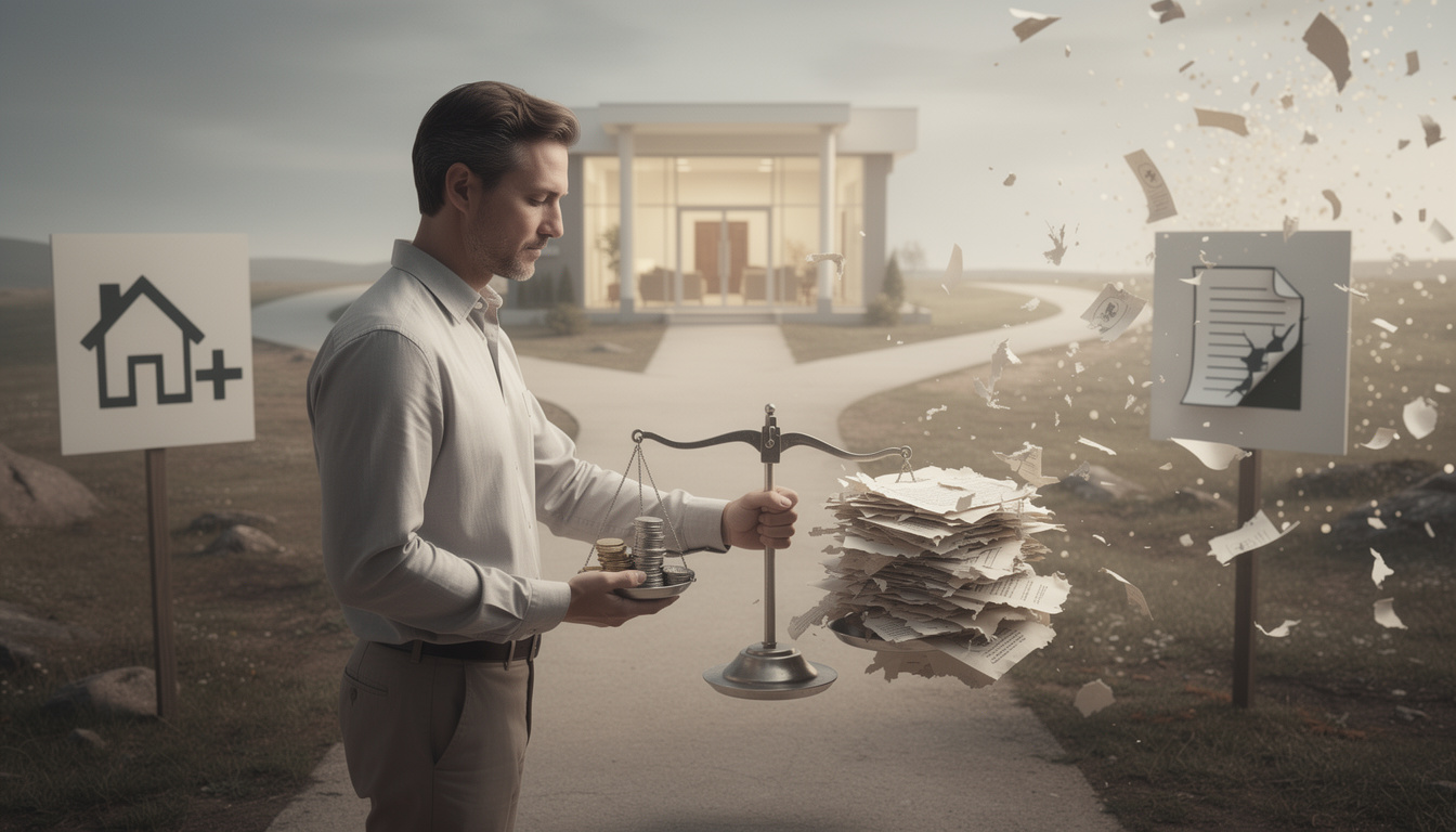 Человек на перепутье взвешивает варианты рефинансирования и списания долгов в символическом пейзаже