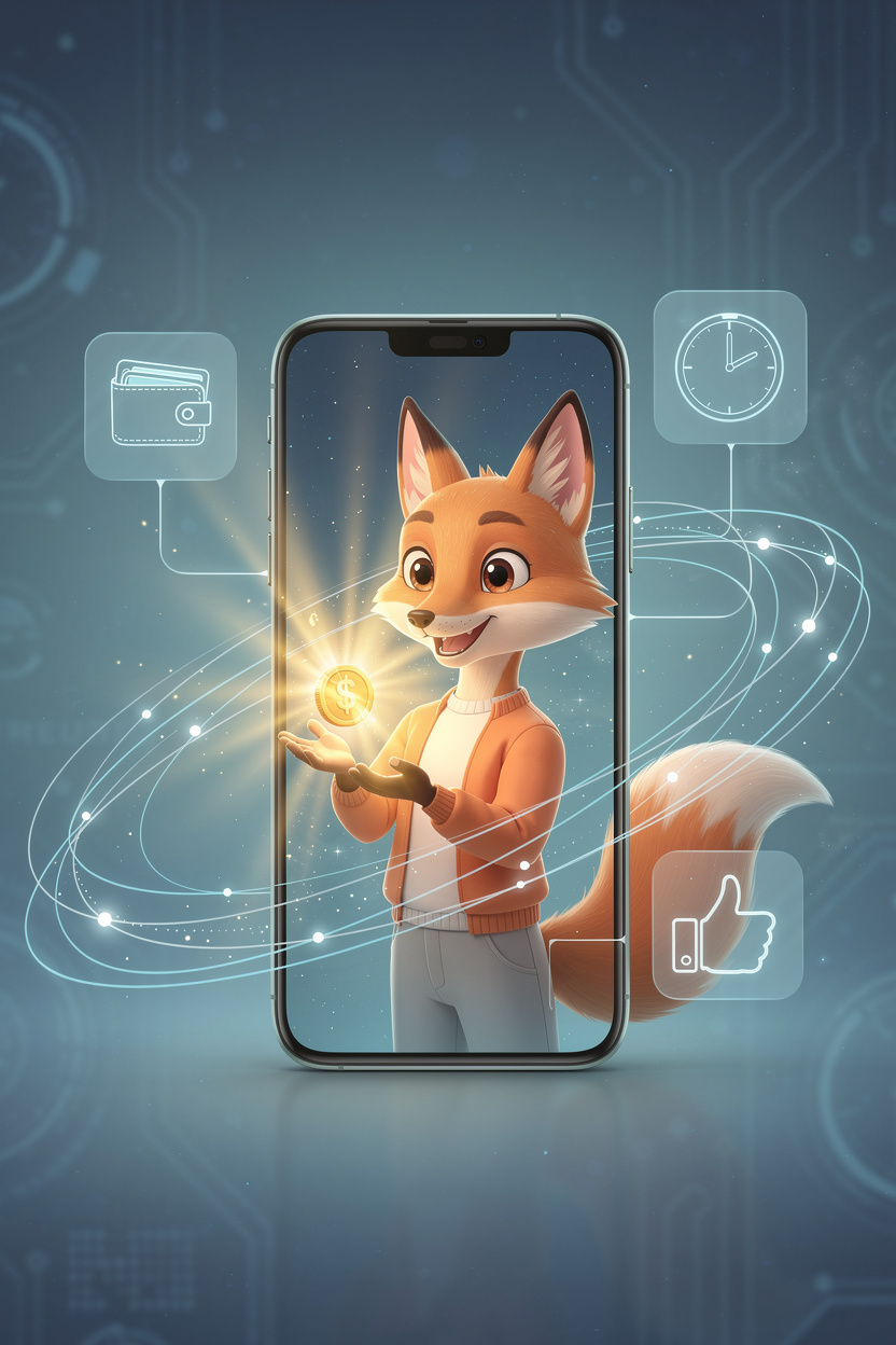 Смартфон с анимированной лисой, держащей монету, в окружении цифровой сети, символизирующей быстрый онлайн-займ на электронный кошелек.