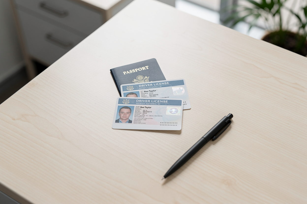 Минимальный набор документов для оформления, аккуратно разложенный на столе.