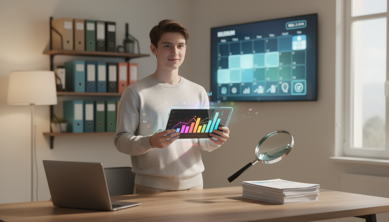 Человек проверяет финансовые данные на планшете в организованном домашнем офисе.