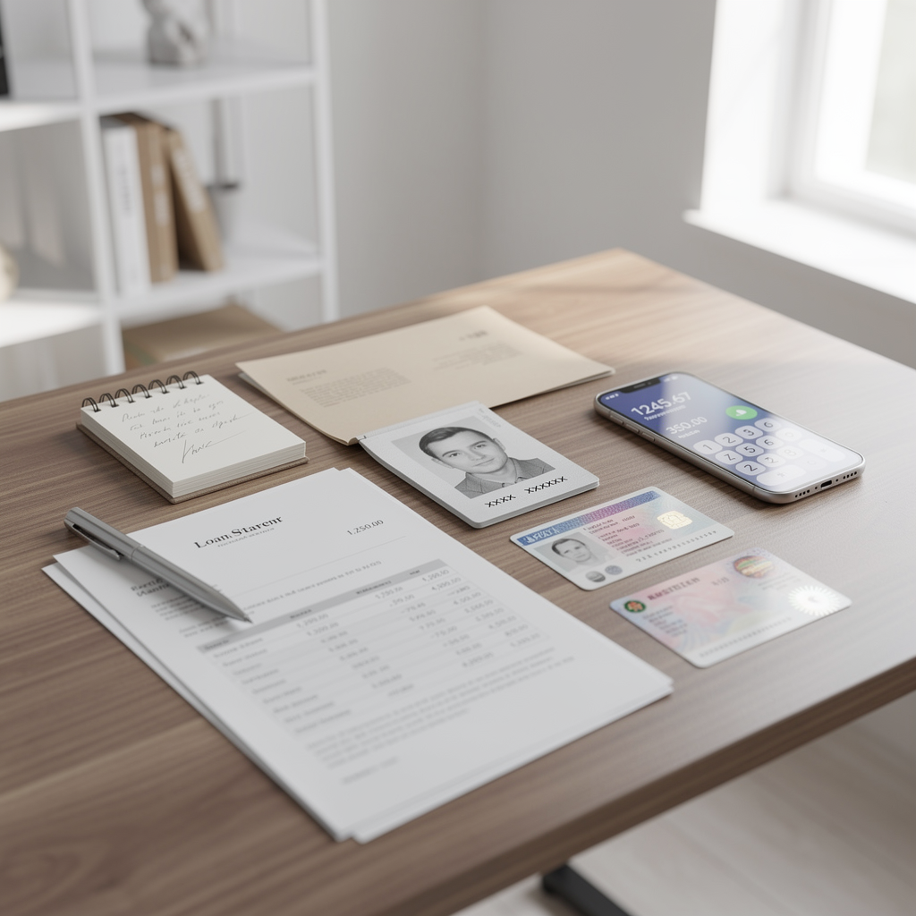 Символичное изображение документов для онлайн-займа на столе в домашнем офисе.